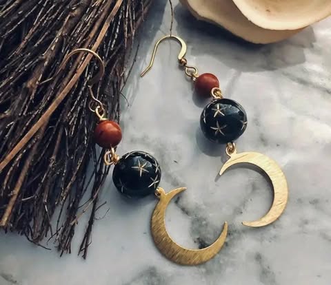 Boho Chic Black Agate Moon & Star Drop Earrings